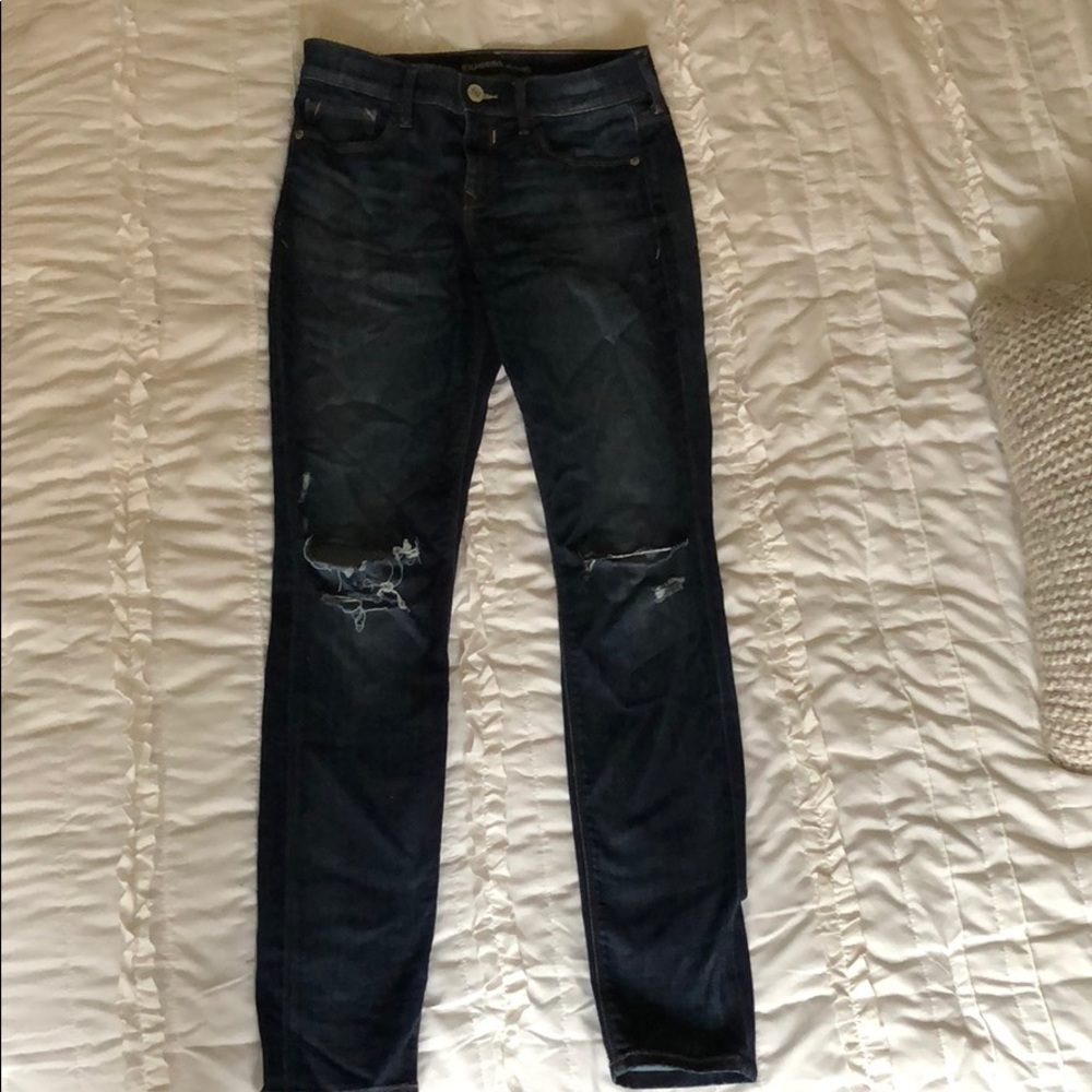 Express dark wash distressed skinny jeans